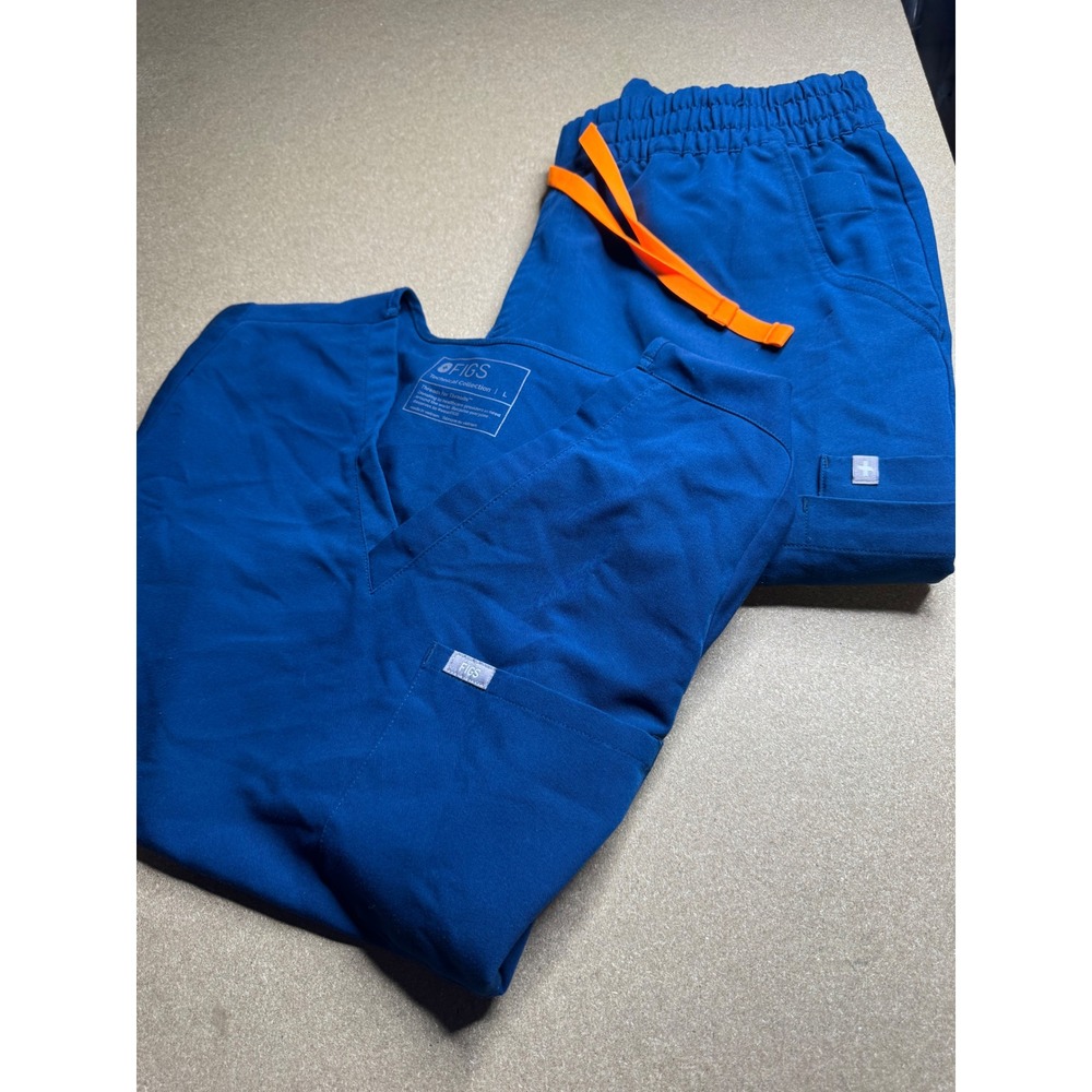 Figs Technical Collection Scrub Set Royal Blue V-Neck Top Jogger Pants Large